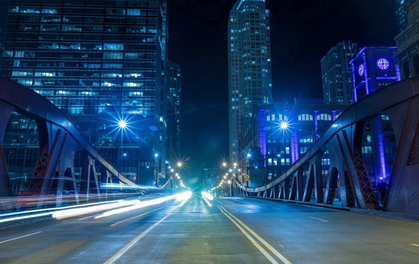 Chicago downtown by the river at night